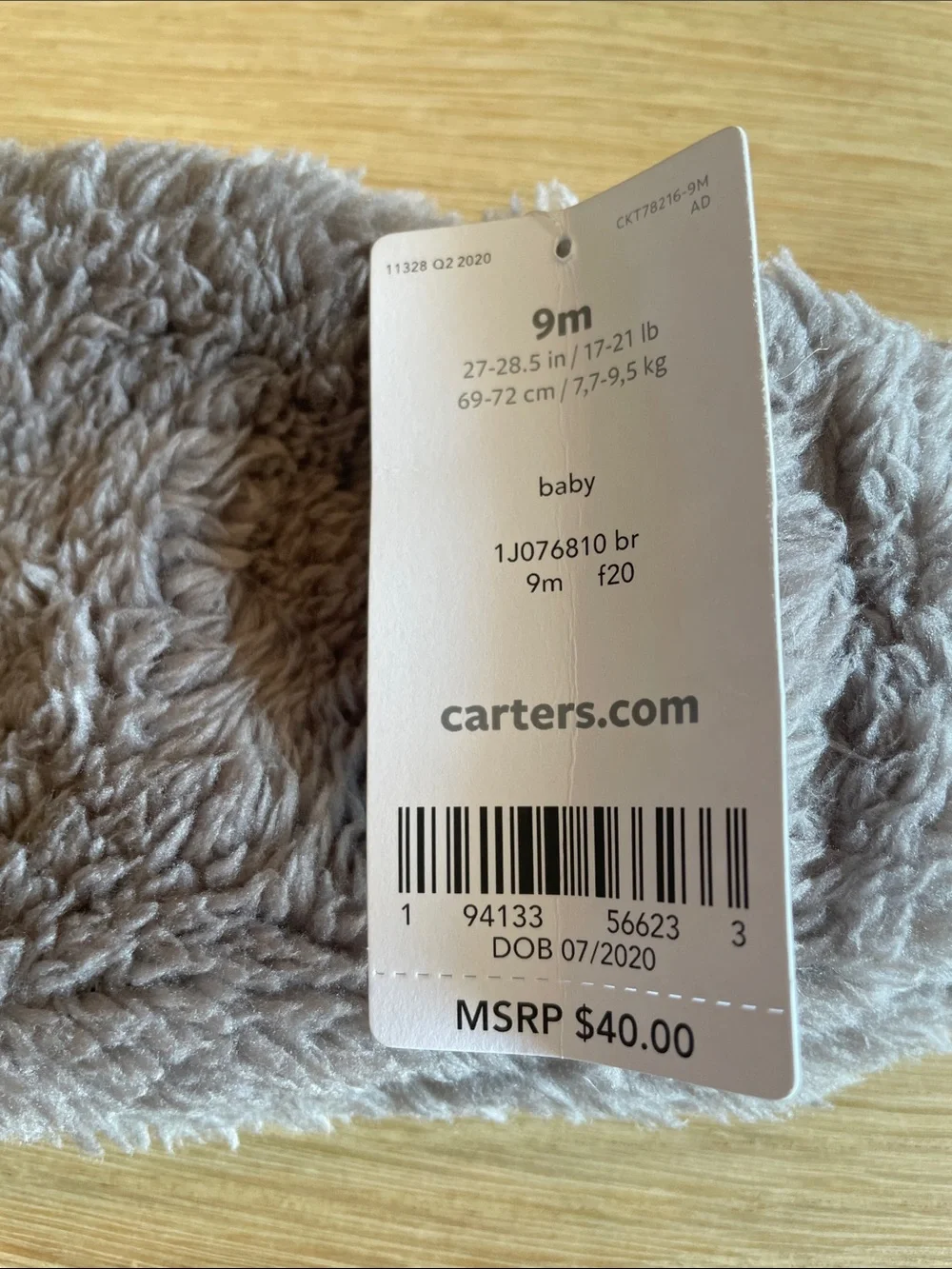 Carter's Plush Hooded Footed One-Piece in Taupe